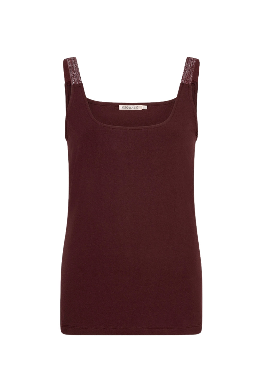 Zwart lurex singlet met smalle bandjes en merlot kleur, door EsQualo, op een witte achtergrond weergegeven.