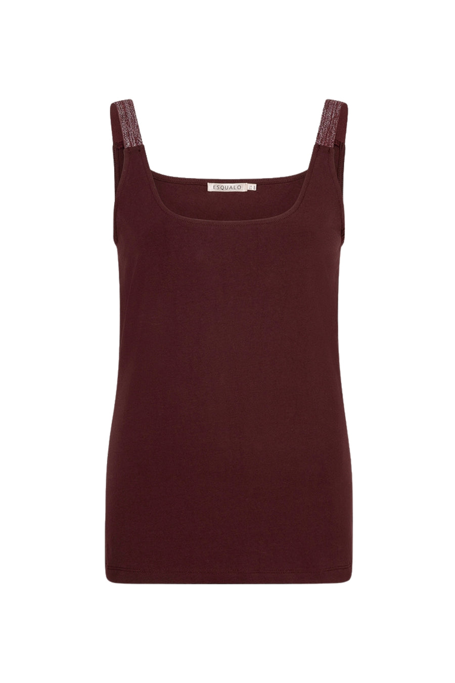 Zwart lurex singlet met smalle bandjes en merlot kleur, door EsQualo, op een witte achtergrond weergegeven.