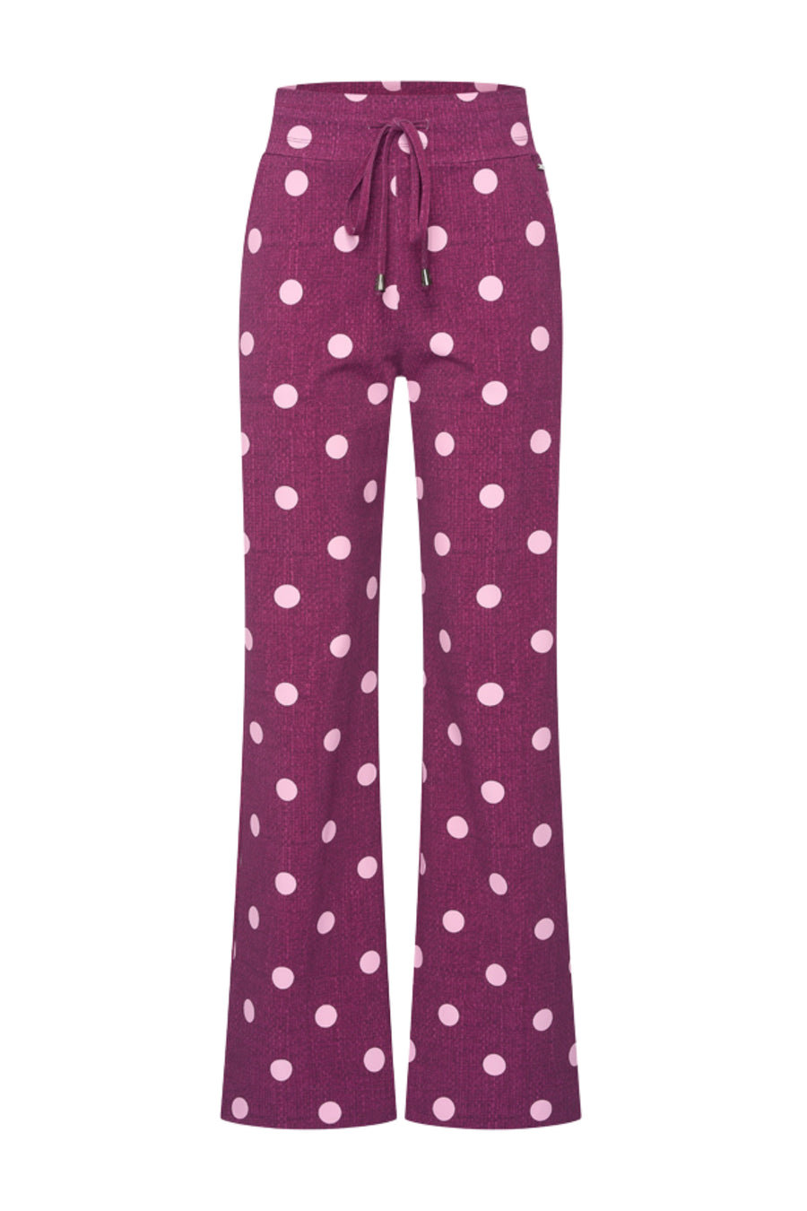 Dames heavy travel broek van Mi Piace met dot structuur print in magenta en paars, comfortabel en stijlvol voor reizen.