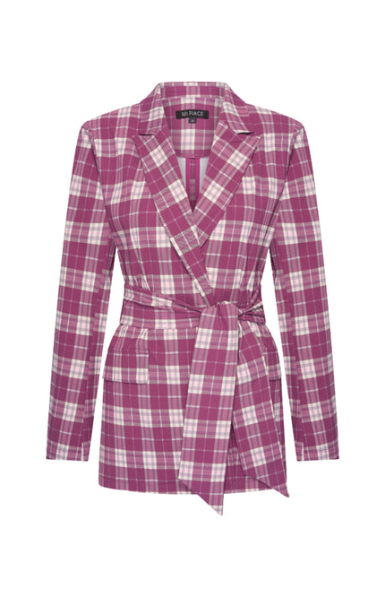 Travel Blazer Belted Autumn Check Print Magenta Purple 202823