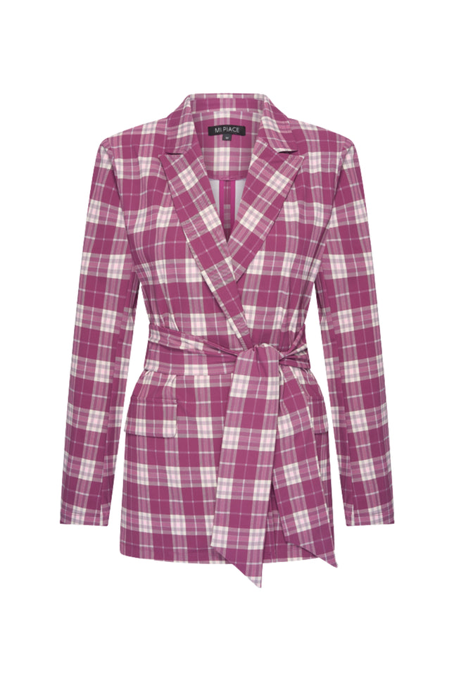 Travel Blazer Belted Autumn Check Print Magenta Purple 202823