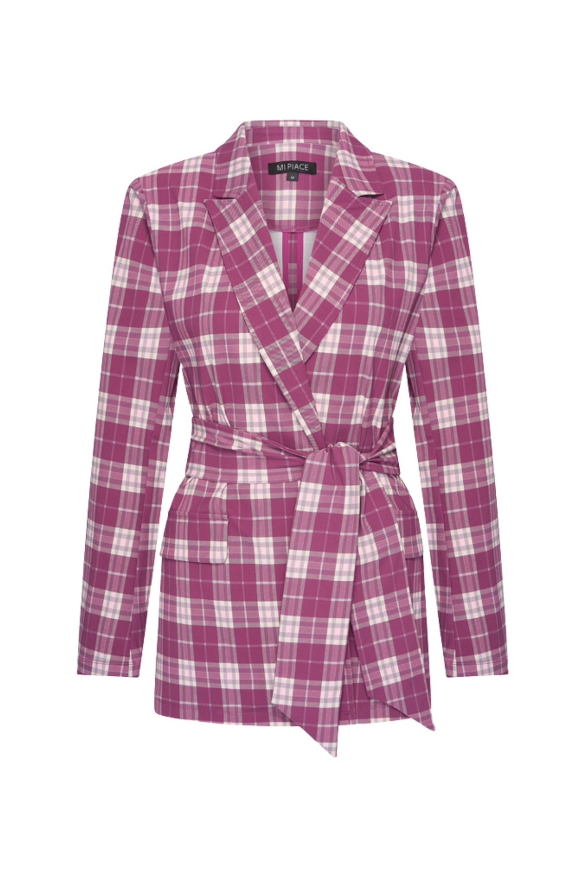 Mi Piace reistas blazer met ceintuur, herfstprint met ruiten in magenta en paars, stijlvolle en veelzijdige herfstoutfit.