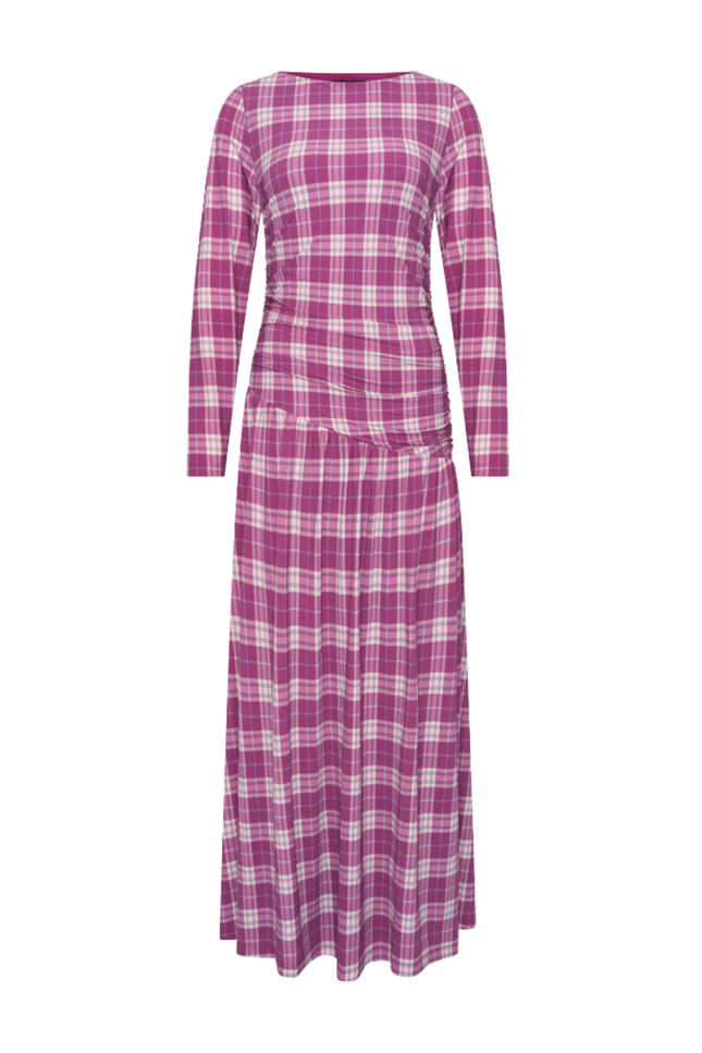 Travel Jurk Light Long Autumn Check Print Magenta Purple 202867L