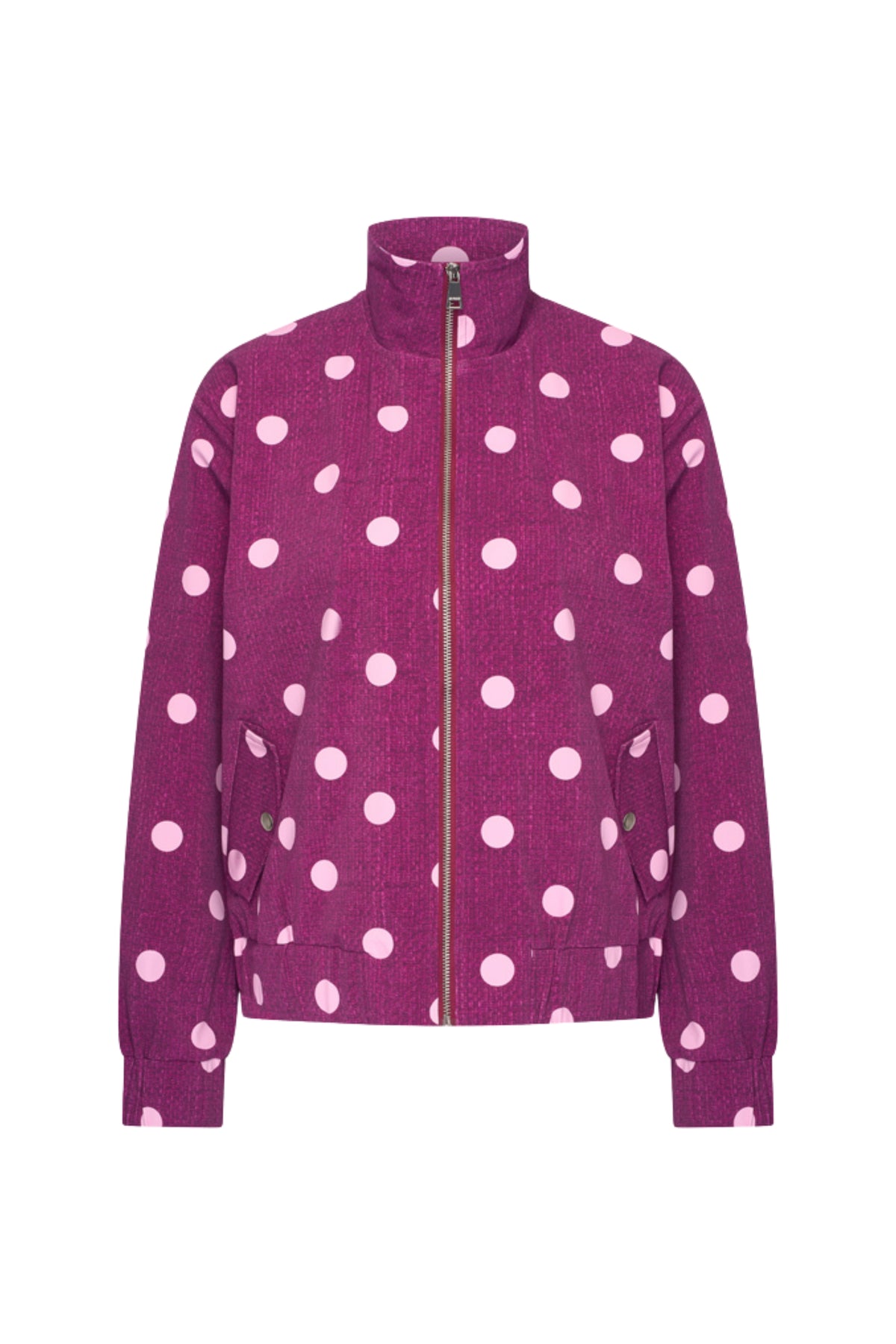 Oversized reiskledingjas van Mi Piace met dot structuur in magenta en paars, zichtbaar op de afbeelding.