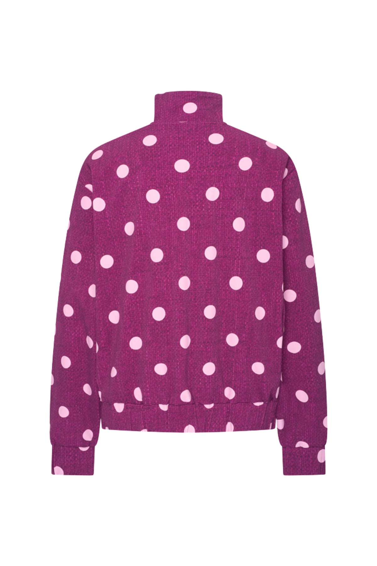 Oversized reiskledingjas van Mi Piace met stippenprint in magenta en paars, comfortabel en stijlvol voor reizen.