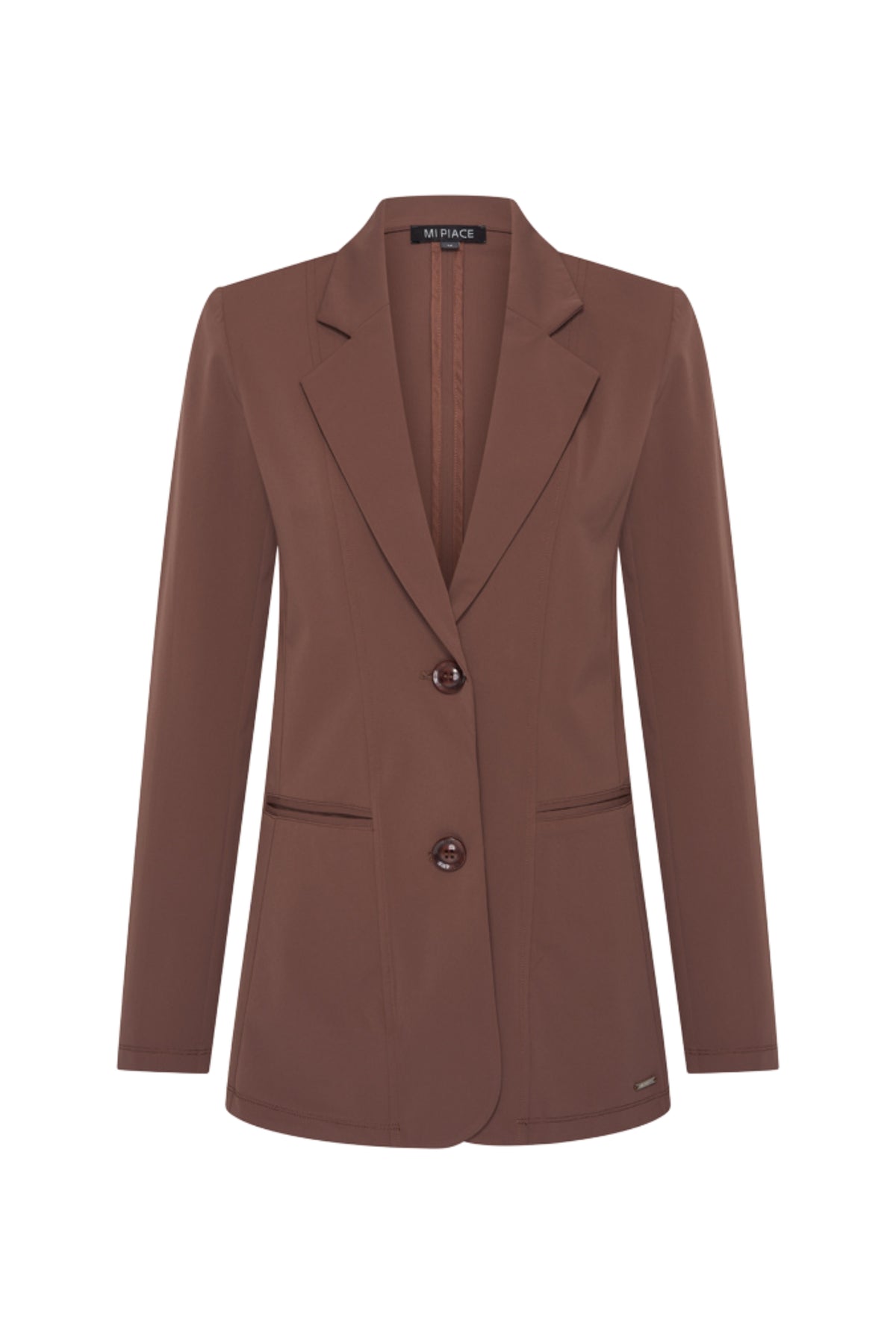 Donkerbruine reisblazer van Mi Piace met stijlvolle pasvorm en nette details, gelegen op een witte achtergrond.