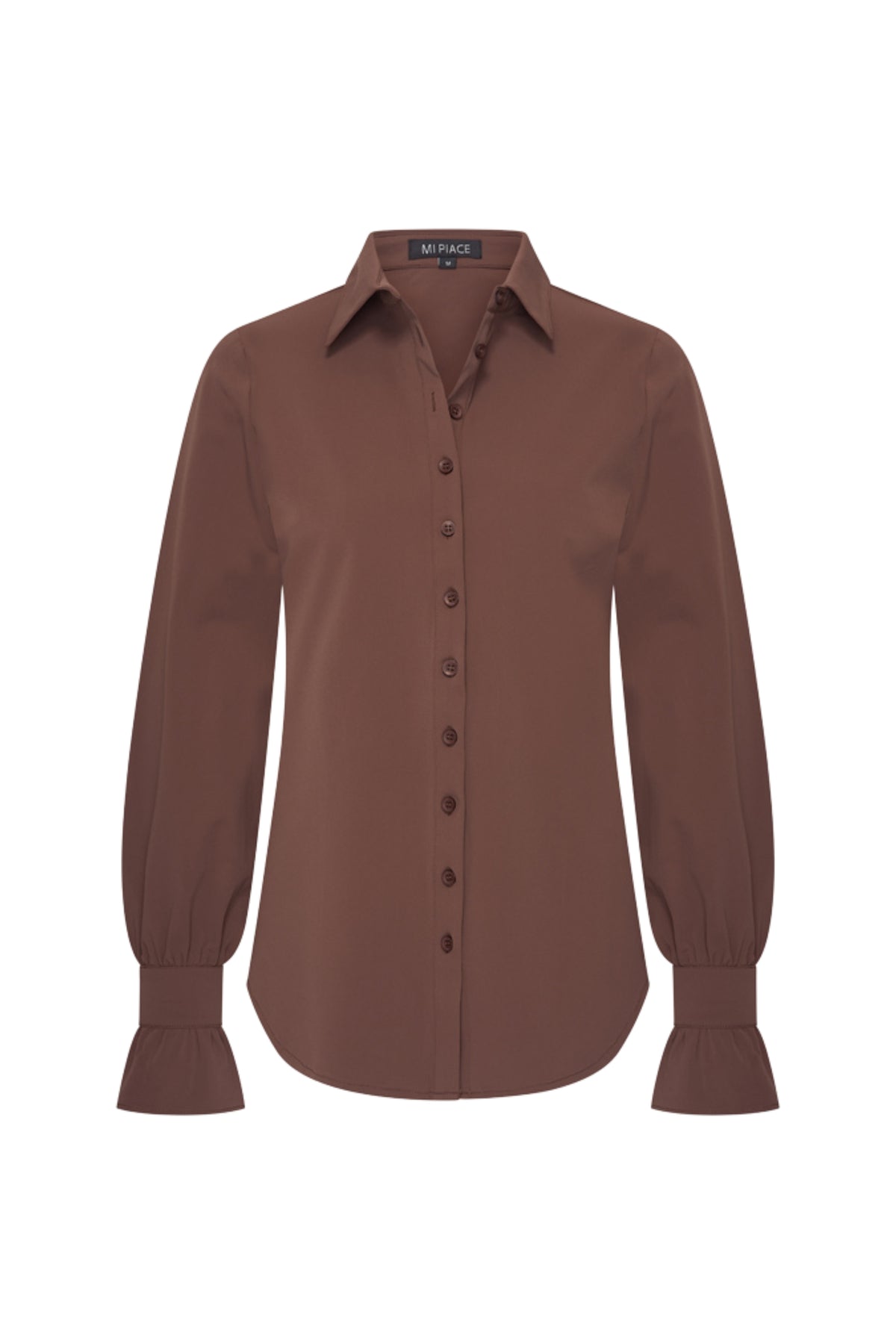 Lichte reisblouse van Mi Piace in mahoniekleur met lange mouwen en ronde hals, ideaal voor reizen en casual draagstijl.