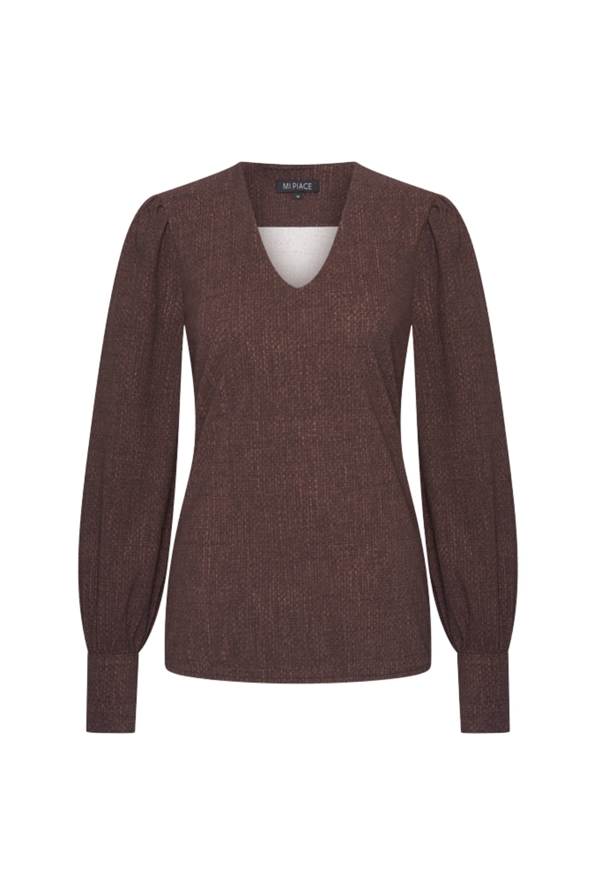 Lichte reisblouse van Mi Piace met puffermouwen en geweven structuur in mahognikleur, geschikt voor vakantiedagen.