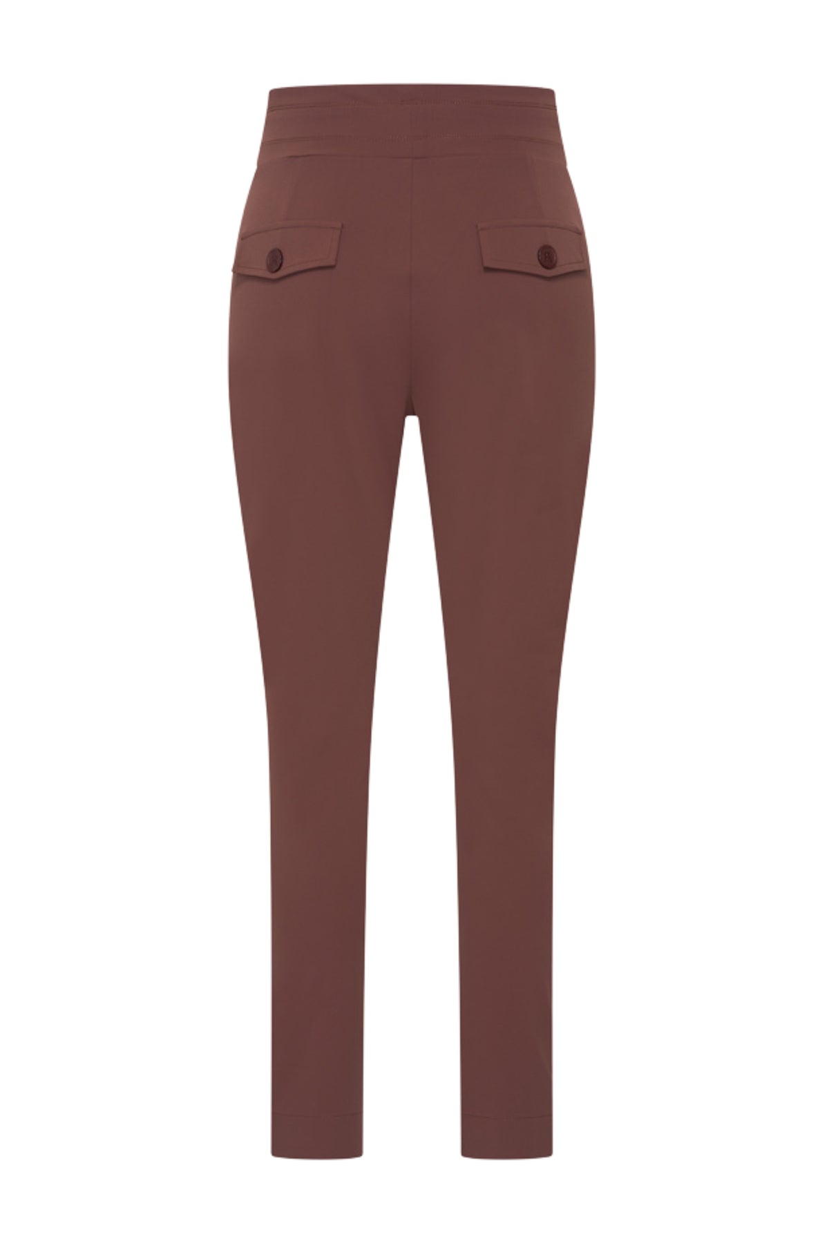 Reisbroek van mahoniekleur met comfortabele snit van Mi Piace, zichtbaar met rits en zakken in de afbeelding.
