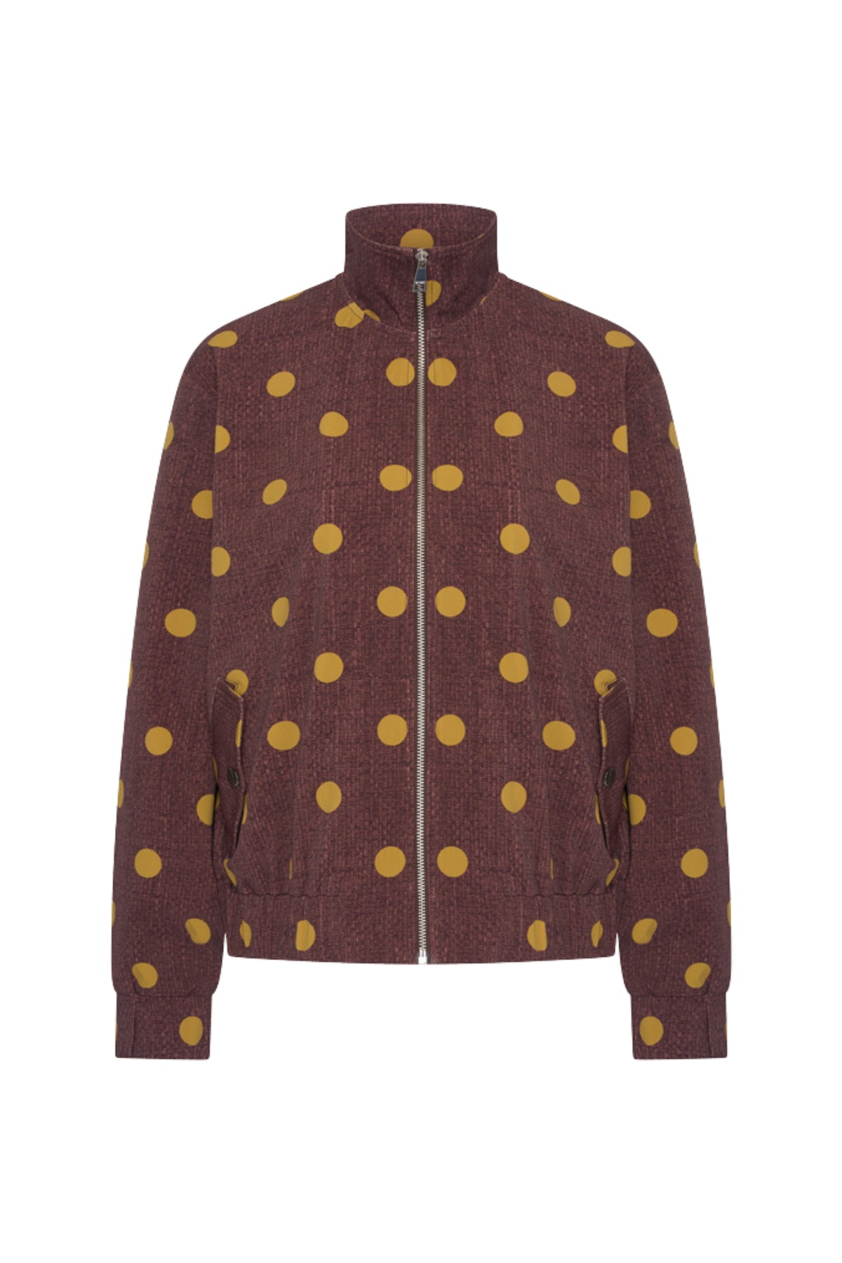 Oversized reissjas van Mi Piace met mahoniekleurige dot print en structuur, geschikt voor reizen en casual stijl.