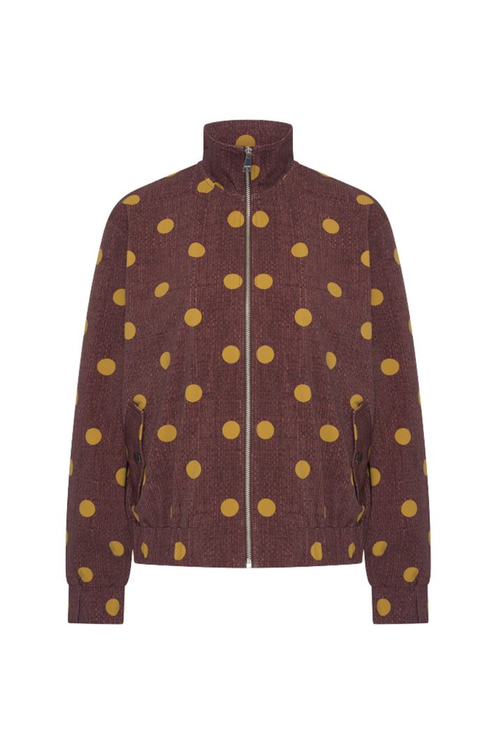 Oversized reissjas van Mi Piace met mahoniekleurige dot print en structuur, geschikt voor reizen en casual stijl.