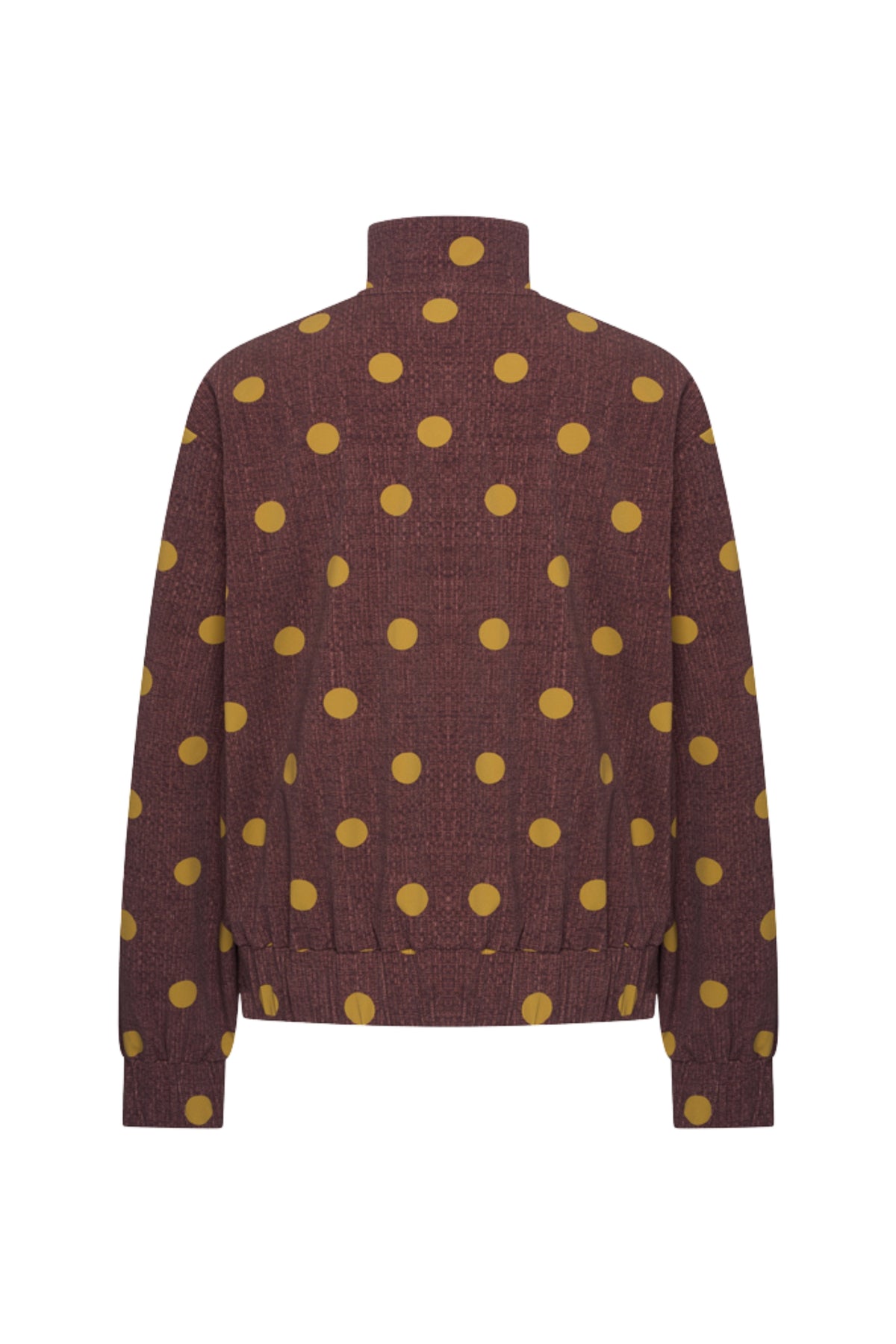 Oversized reiskleding jas van Mi Piace met mahoniekleurige dot print en structuur, geschikt voor reizen en casual gebruik.