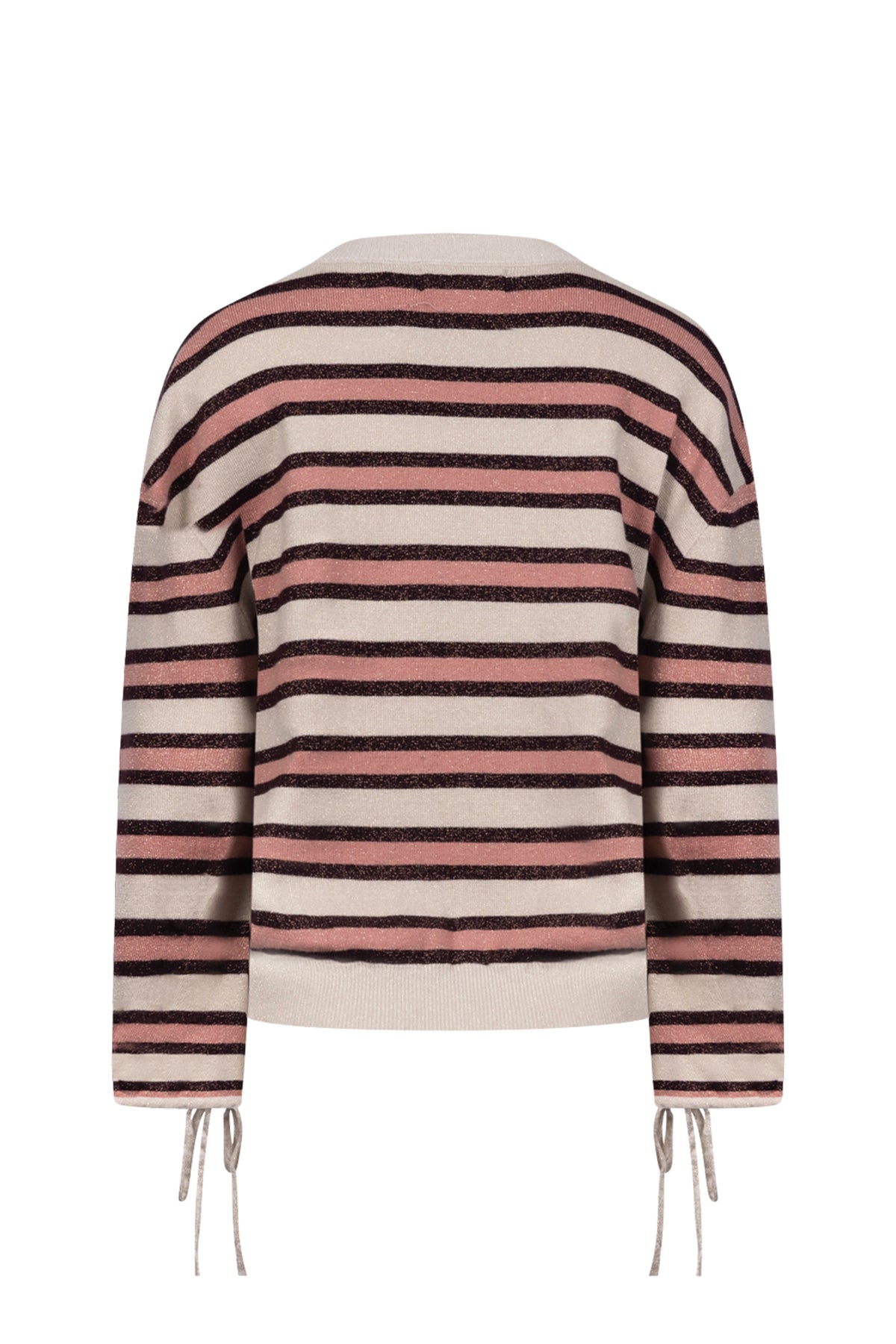Lichte roze en witte gestreepte trui van Nukus, Kim Stripe Sand Rose, gedragen door een model met een neutrale achtergrond.