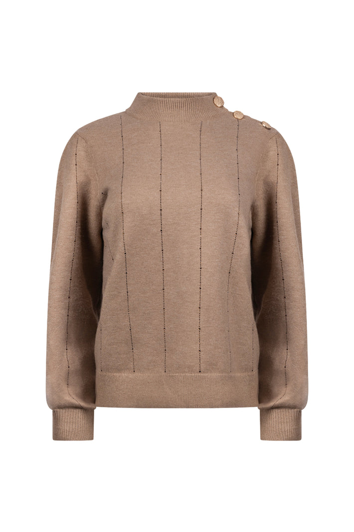 Taupe Nukus Molly Strass trui met glanzende details en zachte textuur, gedragen door een model op een neutrale achtergrond