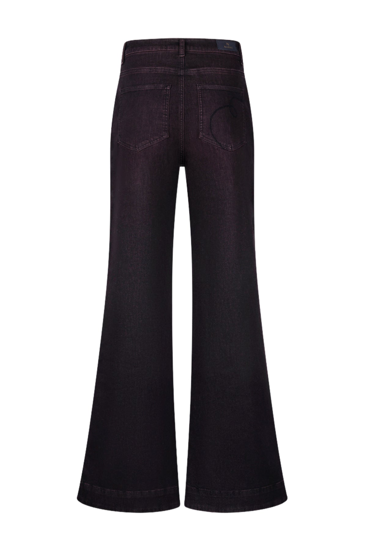 Donkere skinny jeans van Nukus Abby Cherry met ritssluiting en vijf zakken, gelegen op een witte achtergrond.