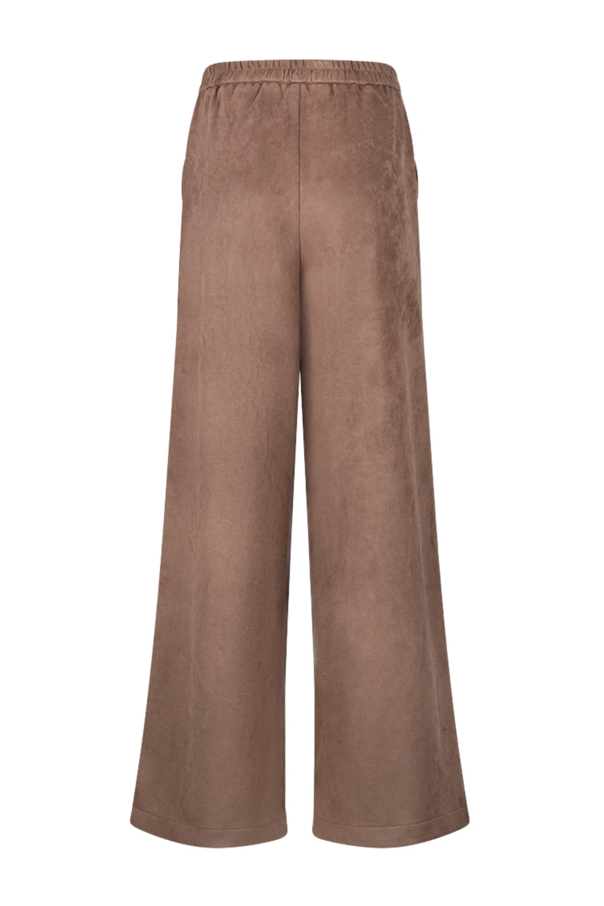 Taupe suède broek van Nukus, model Bodine, met stijlvolle pasvorm en details, zichtbaar op de afbeelding.