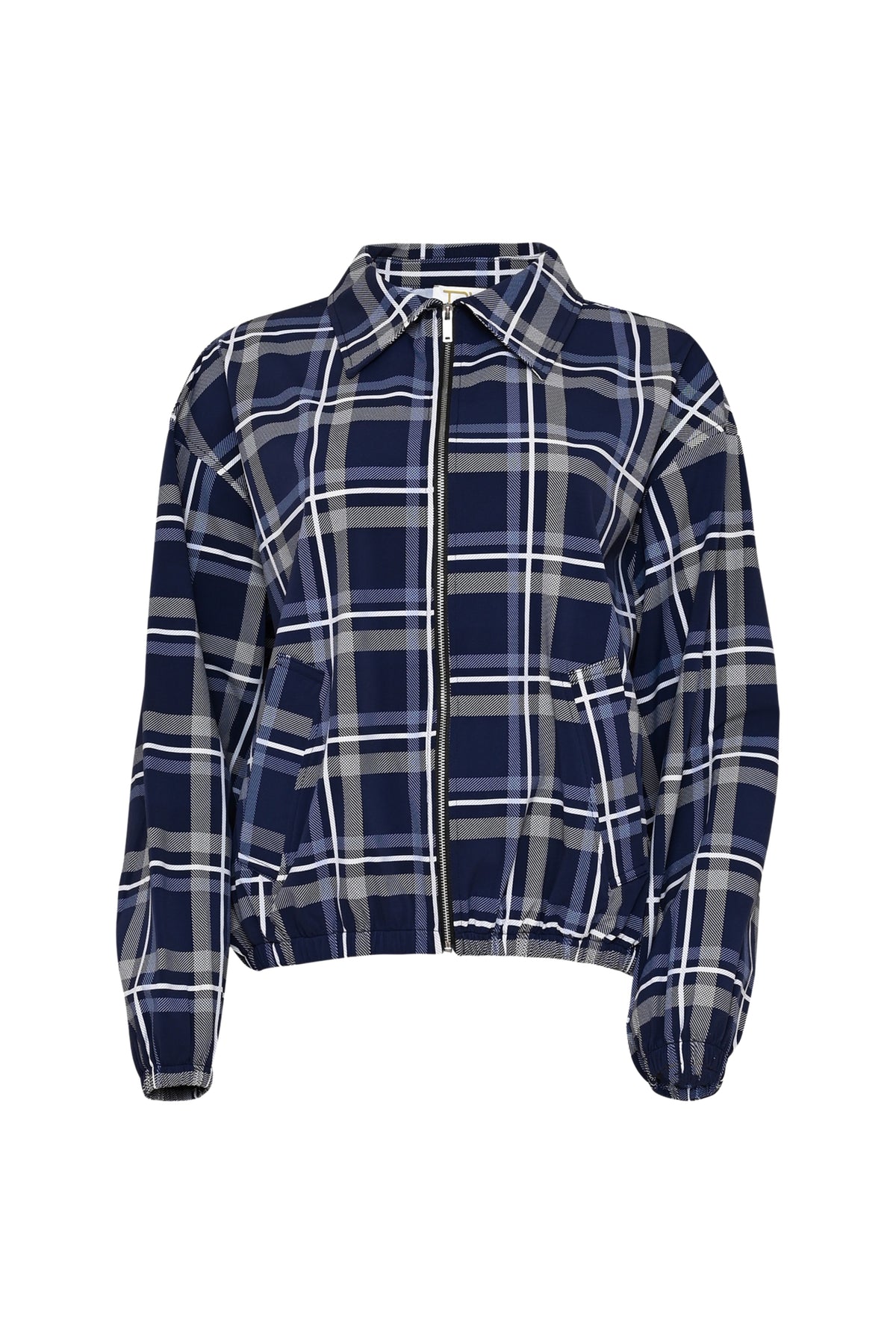 Reisjack Nara in blauw met ruitpatroon van Maicazz & Zizo, zichtbaar in de afbeelding.