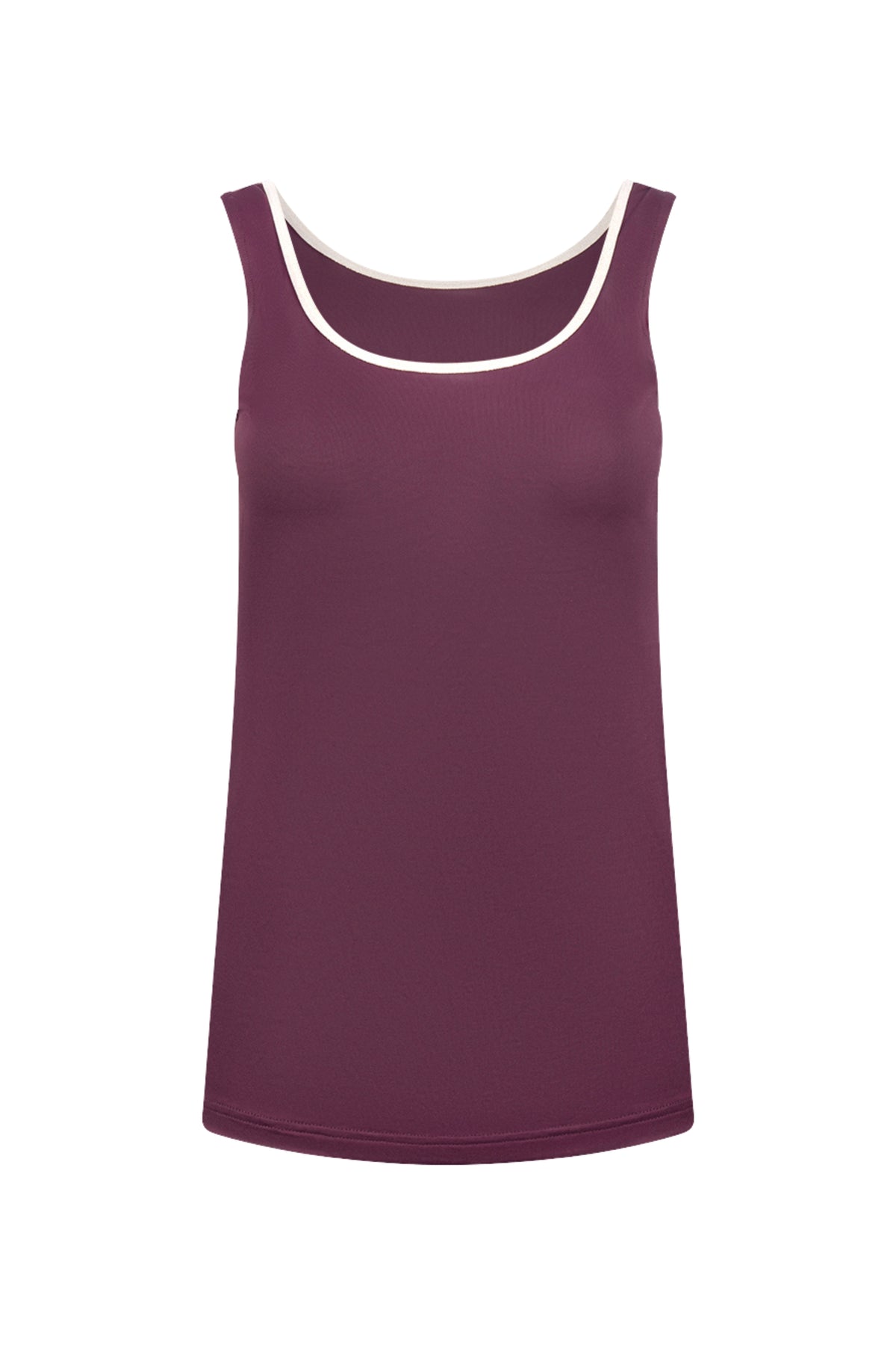 Nukus Juba Cherry Gold singlet met goudkleurige details, getoond op een model met een witte achtergrond.