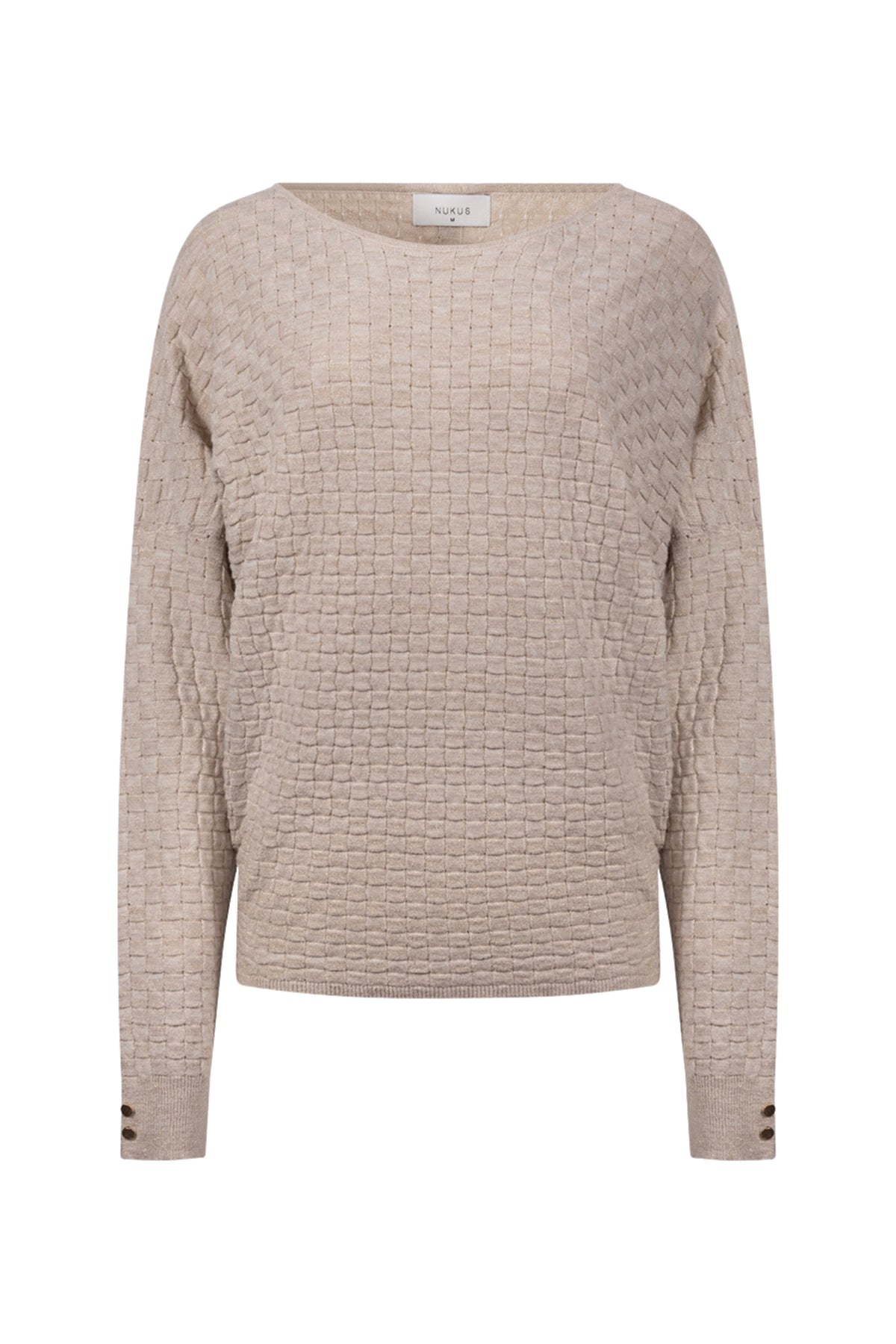 Nukus Top Kento Lurex Sand NKF01062, close-up van de glanzende, zandkleurige top met lurex details.