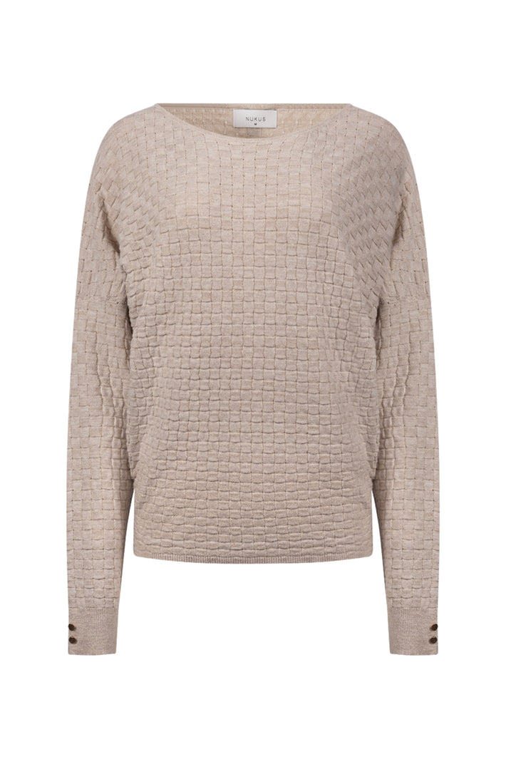 Nukus Top Kento Lurex Sand NKF01062, close-up van de glanzende, zandkleurige top met lurex details.