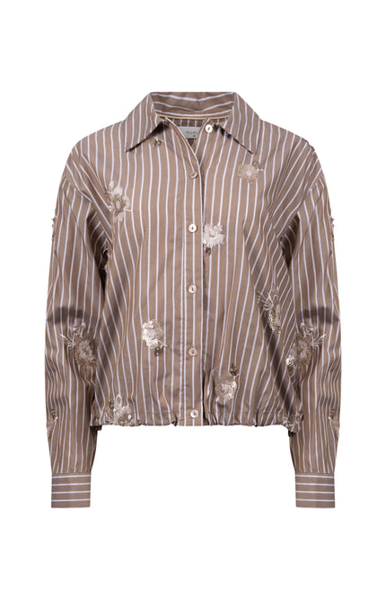 Blouse Newport Stripe Flower Taupe Offwhite NKF02137