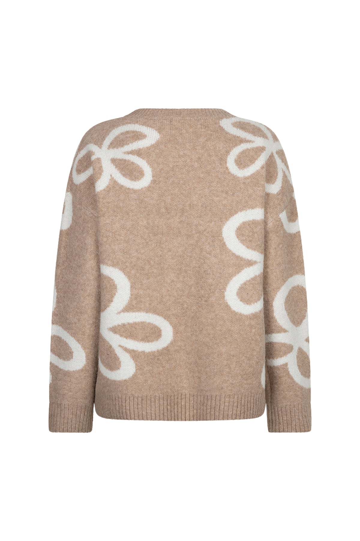 Donkergrijze EsQualo sweater met intarsia patroon in zandkleur en melange, zachte en comfortabele damestrui.