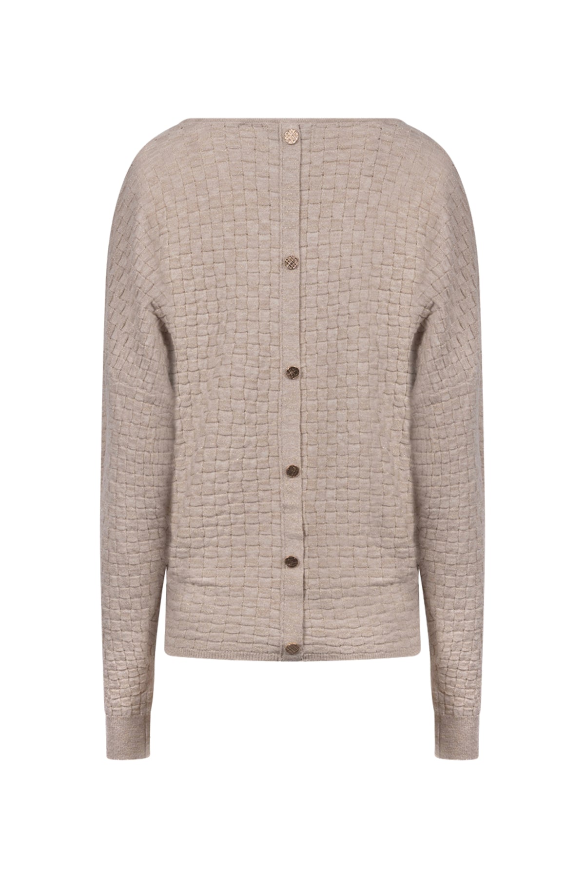 Nukus Kento Lurex Sand top met glanzende lurex details, korte mouwen en ronde hals, ideaal voor casual dragen.