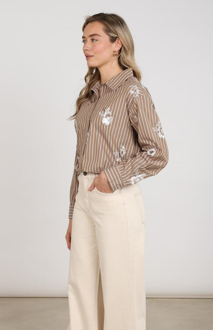 Blouse Newport Stripe Flower Taupe Offwhite NKF02137