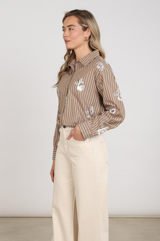 Blouse Newport Stripe Flower Taupe Offwhite NKF02137