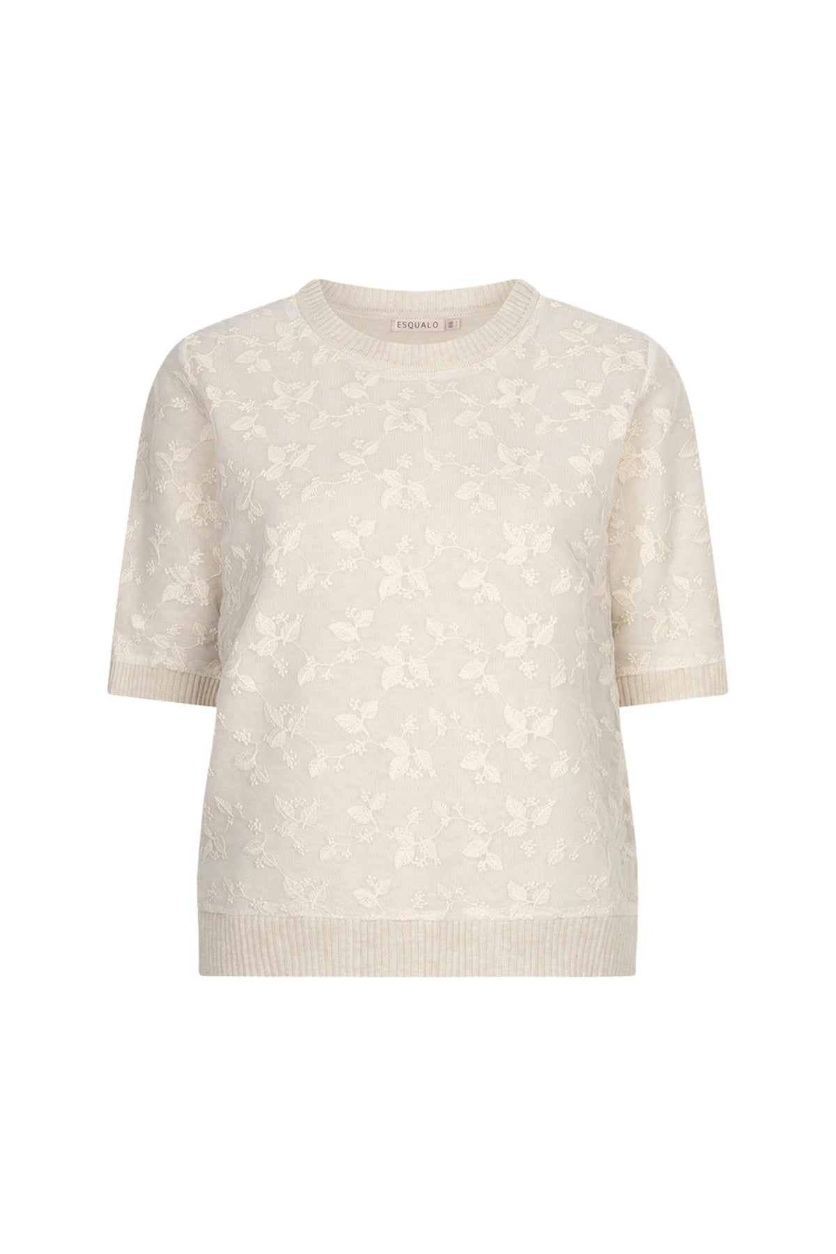 Lichtbruine kanten sweater van EsQualo, stijlvolle en comfortabele trui met fijn lace patroon, voor dames.