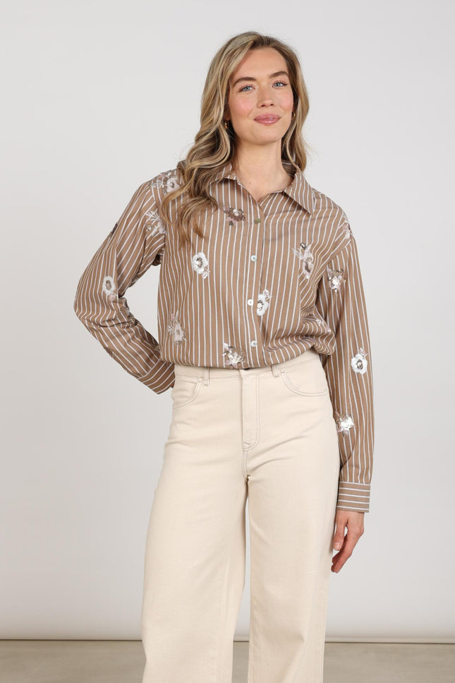 Blouse Newport Stripe Flower Taupe Offwhite NKF02137