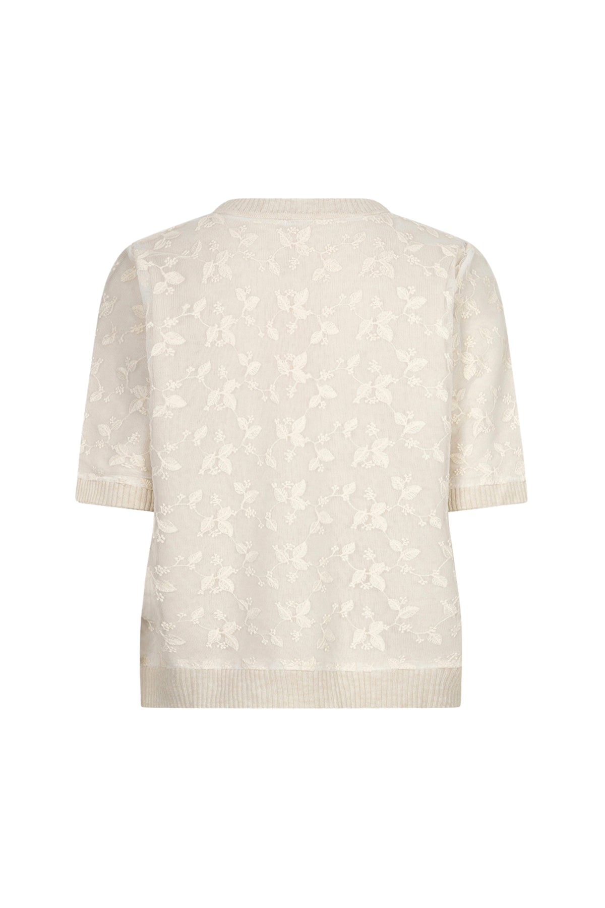 Lichtbruine EsQualo Lace Biscuit sweater met gebreide details en comfortabele pasvorm, gedragen door een model.