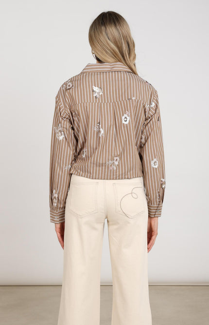 Blouse Newport Stripe Flower Taupe Offwhite NKF02137