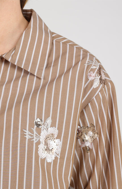 Blouse Newport Stripe Flower Taupe Offwhite NKF02137