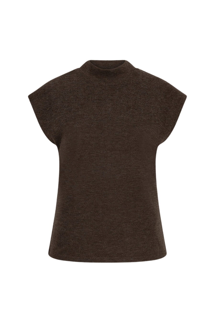 Zwart mocknecksweater van EsQualo met cacao-kleurige details, getoond op een model met een recht model en lange mouwen.