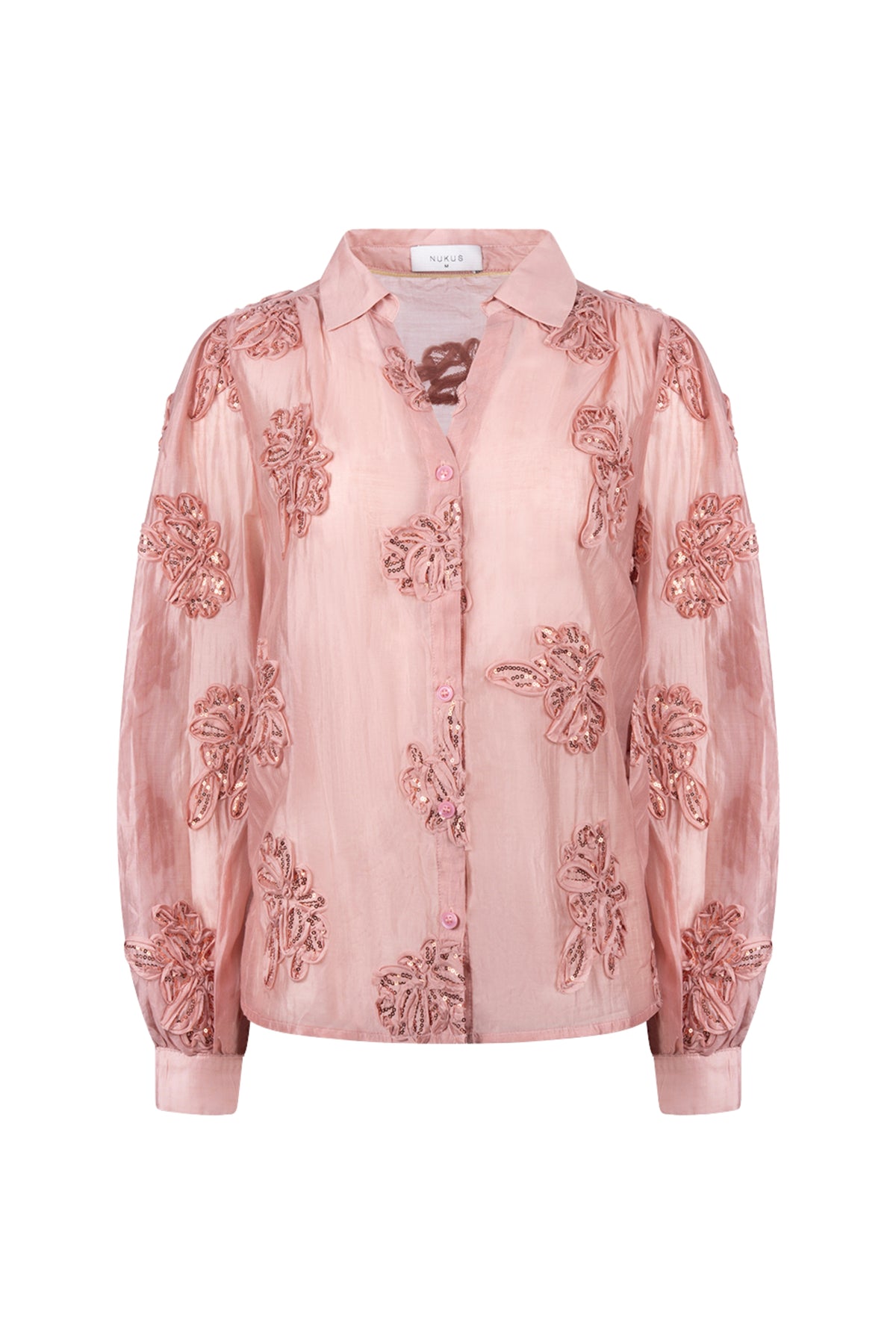 Nukus Antonella paillet blouse met bloem en rozenmotief, roze kleur, elegante en glanzende details, korte mouwen.