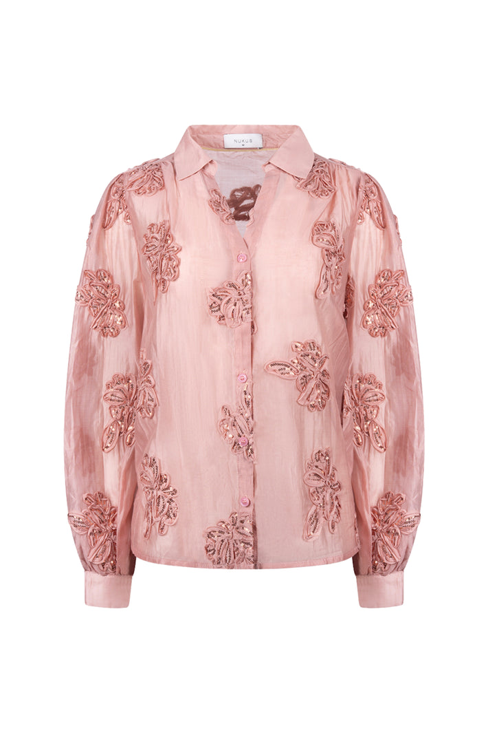 Nukus Antonella paillet blouse met bloem en rozenmotief, roze kleur, elegante en glanzende details, korte mouwen.
