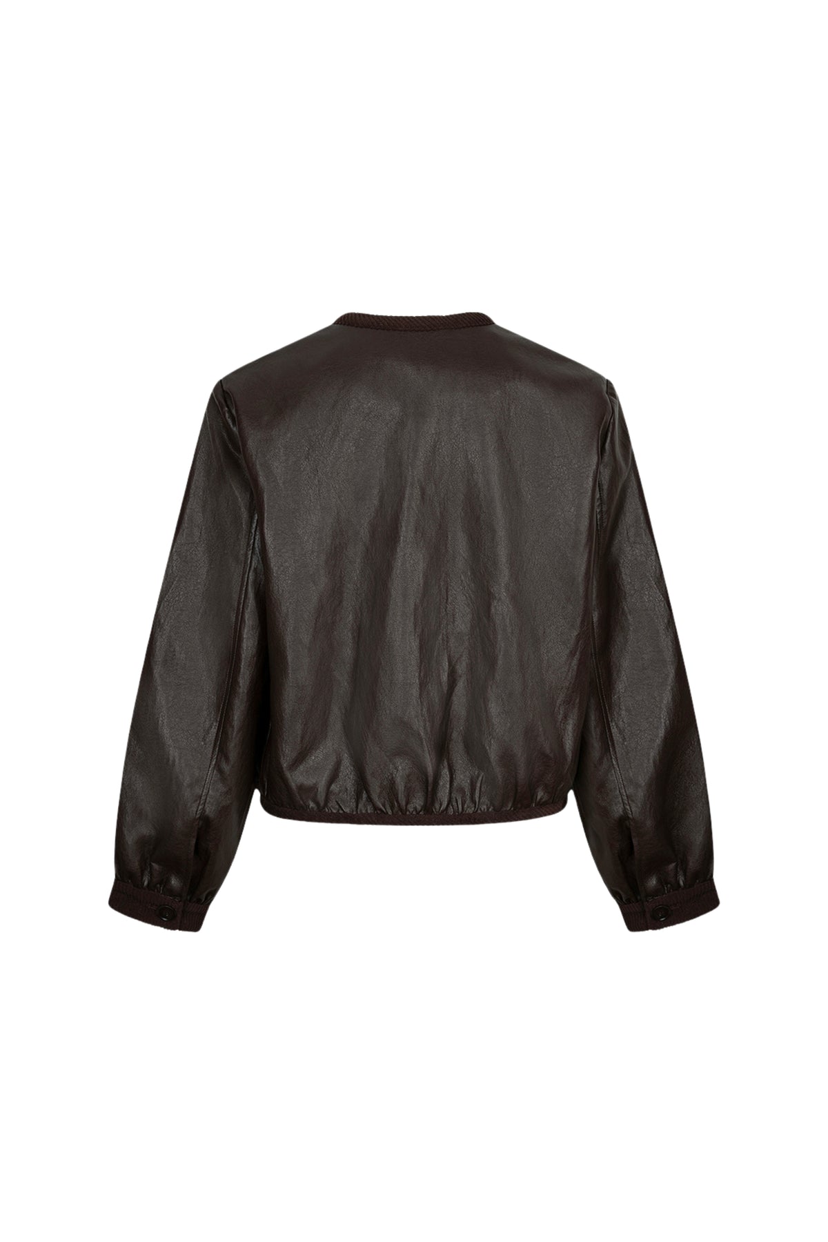 Lichte korte PU-jacke in crinkle cacao kleur van EsQualo, zichtbaar met open voorzijde en stijlvolle details.