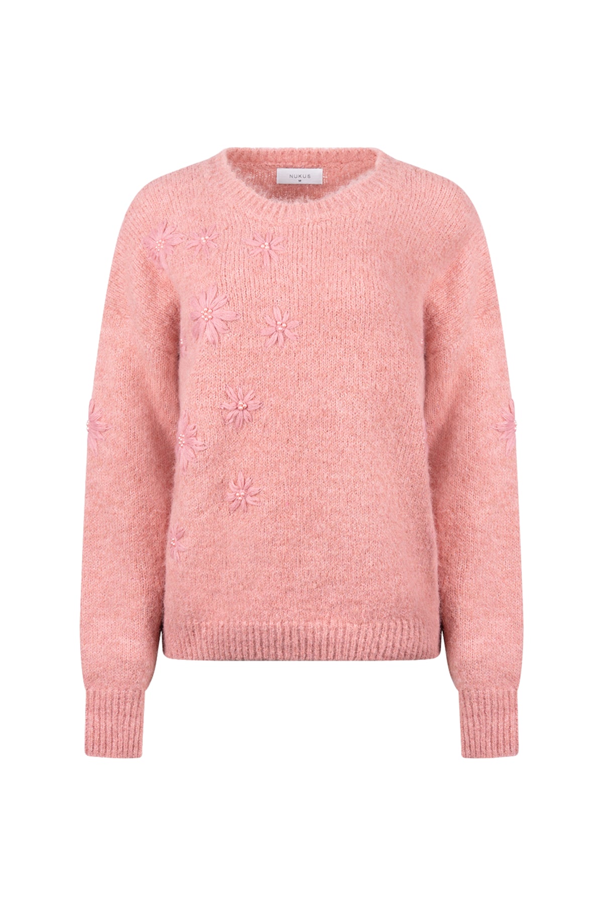 Nukus Konstanza Flower Rose trui in amber met bloemenprint en ronde hals, zachte katoenen damestruik voor casual draagstijl
