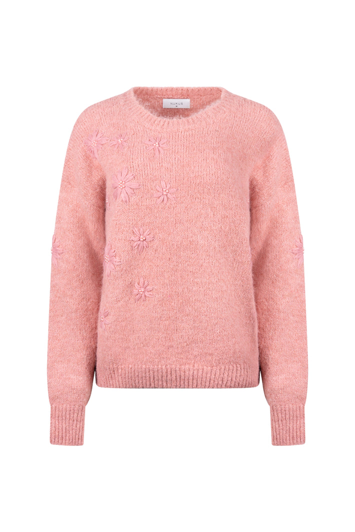 Nukus Konstanza Flower Rose trui in amber met bloemenprint en ronde hals, zachte katoenen damestruik voor casual draagstijl