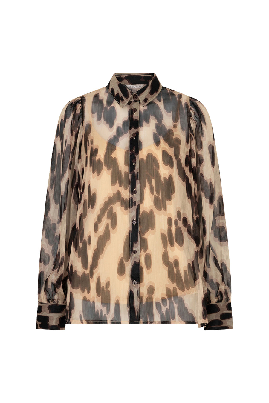 Zachte beige blouse van EsQualo met print en comfortabele pasvorm, zichtbaar met lange mouwen en ronde hals.