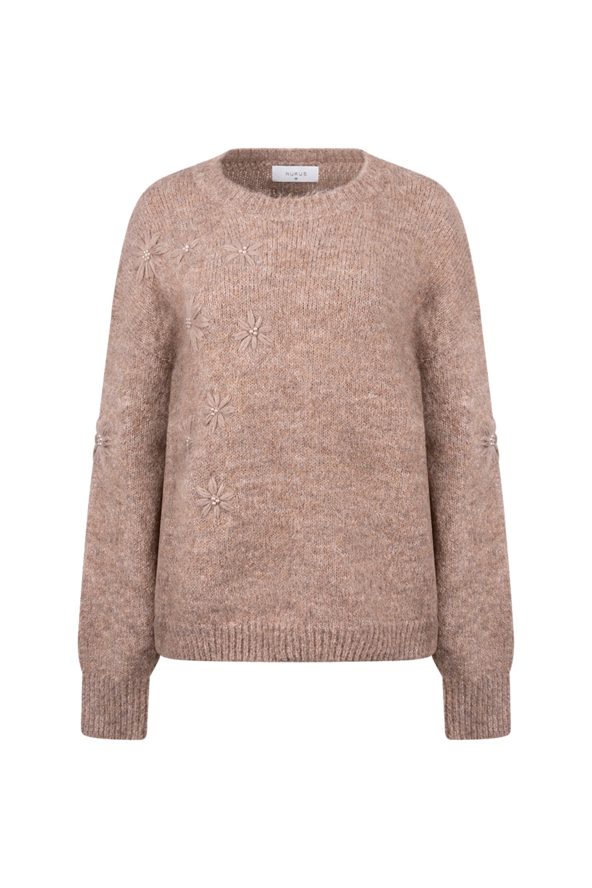 Taupe Nukus Trui Konstanza Flower met bloemendessin, zachte stof en comfortabele pasvorm.