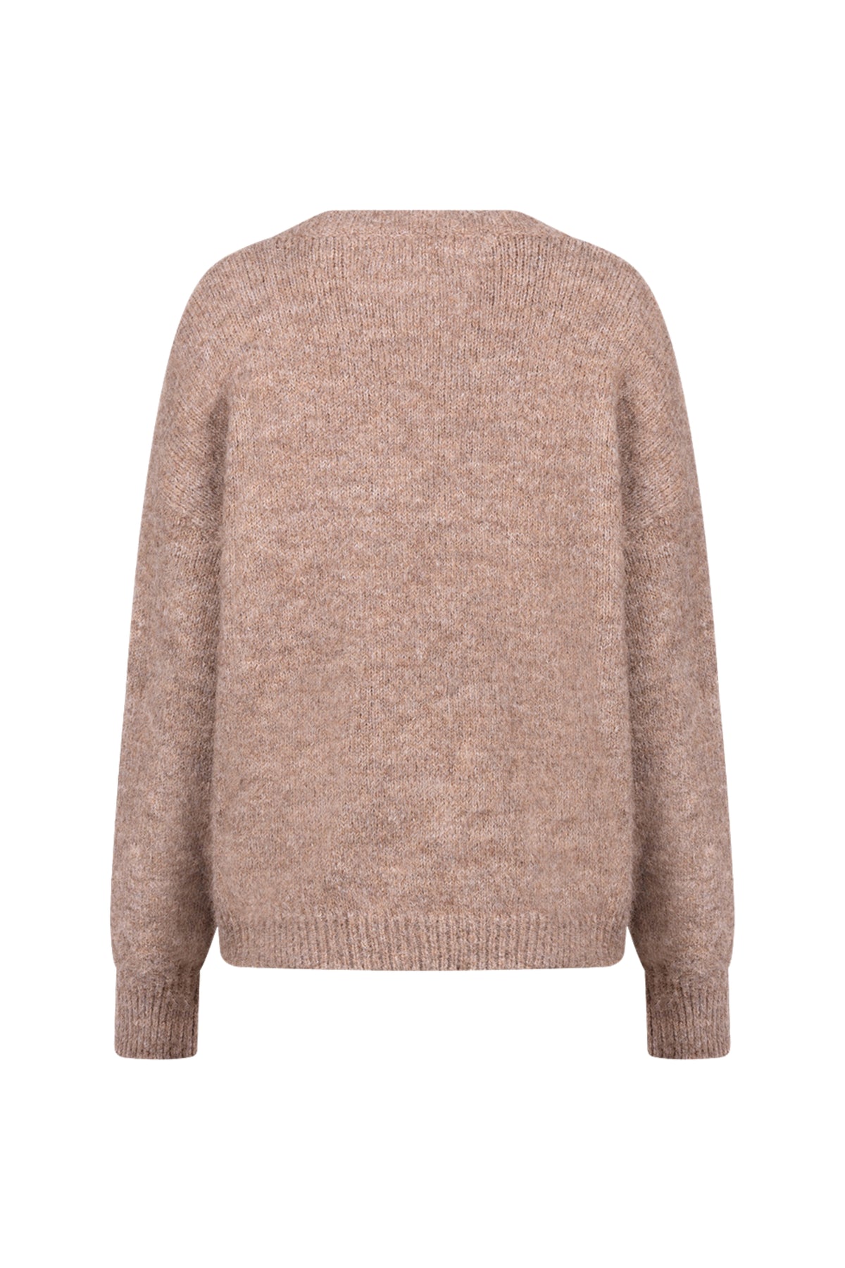 Taupe Nukus Konstanza Flower trui met bloemenpatroon, zachte knitwear, weergegeven op een model.