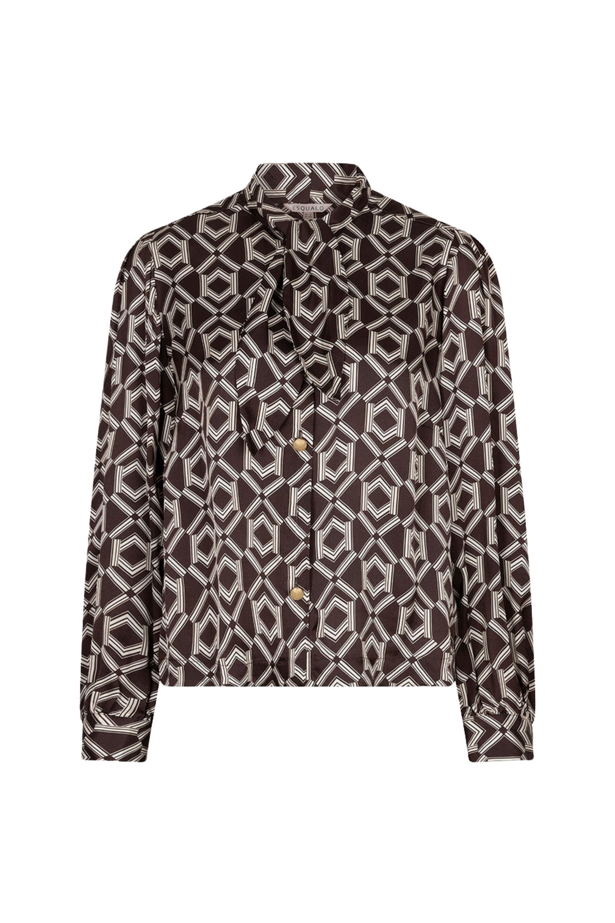Witte blouse van EsQualo met korte pofmouwen en een warme cacao print, met strikdetail aan de nek.