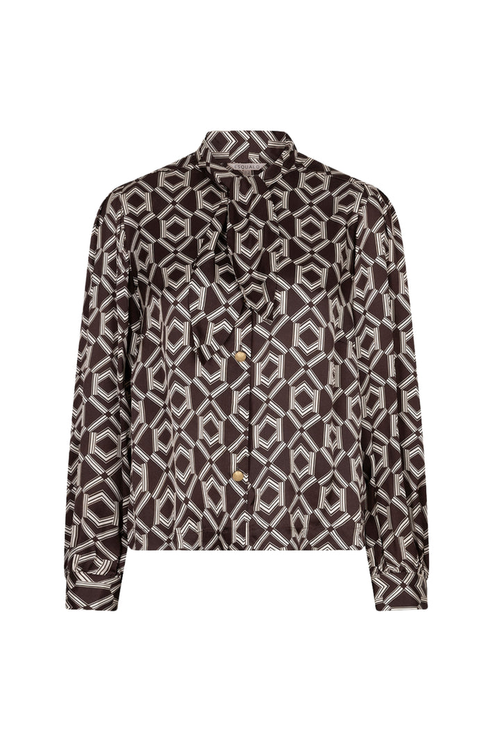 Witte blouse van EsQualo met korte pofmouwen en een warme cacao print, met strikdetail aan de nek.