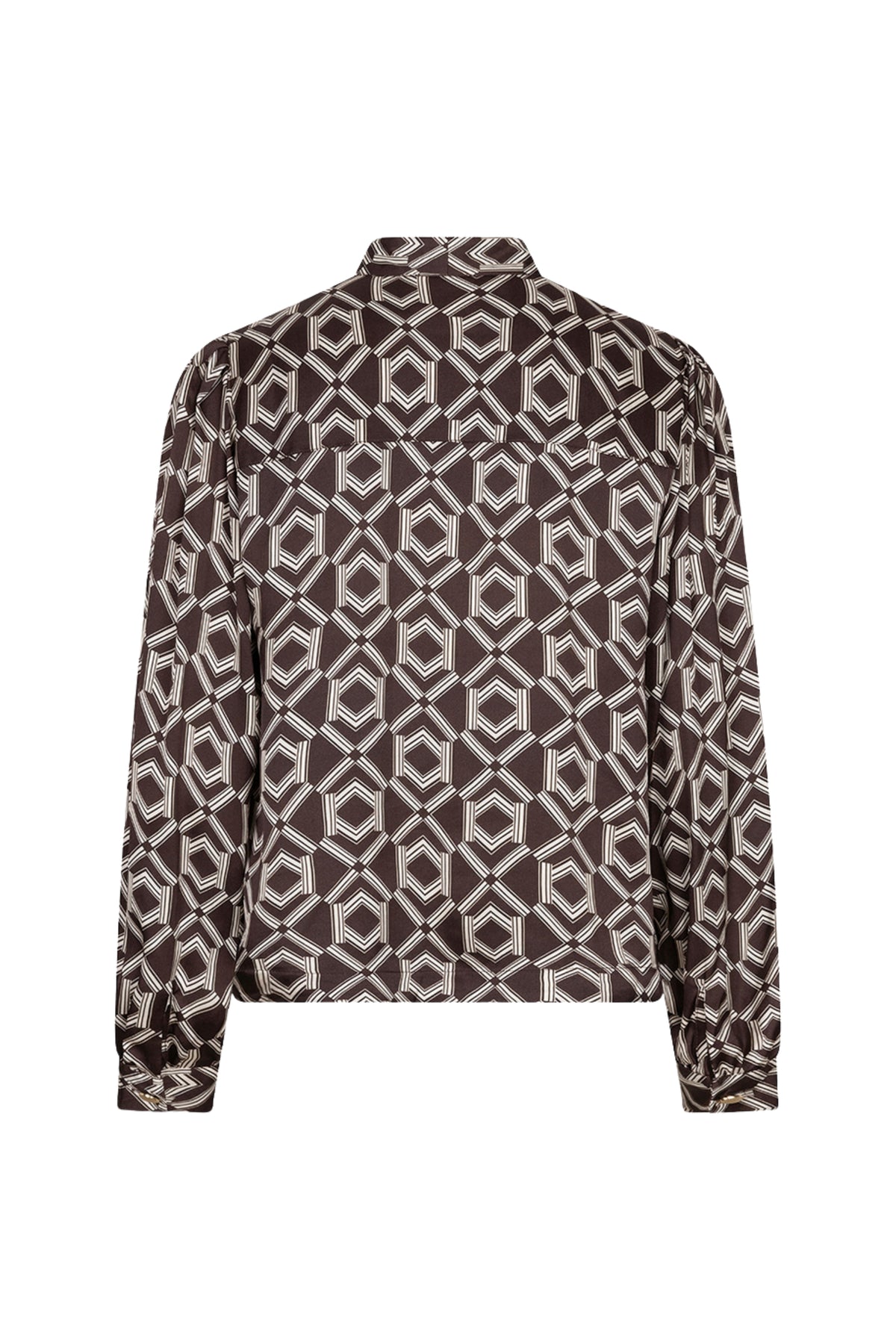 Blouse van EsQualo met korte strik en warm cacao print, casual damesblouse met print en knoopdetails.