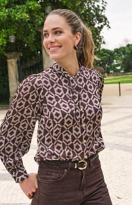 Blouse Short Bow Warm Cacao Print F26.14508
