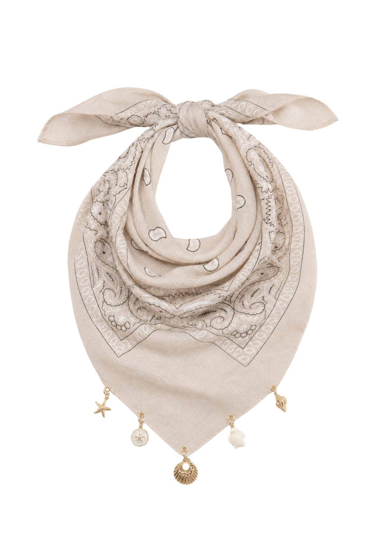 Beige bandana met bedels van Stretchshop.nl, kleurrijk en stijlvol accessoire voor dames of heren.