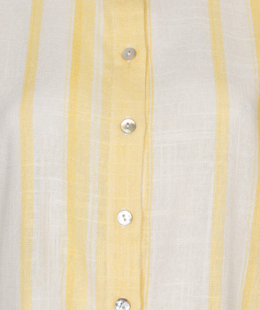 Offwhite gestreepte linnen blouse van EsQualo met korte mouwen en lemonkleurige details, ideaal voor zomerse dagen.