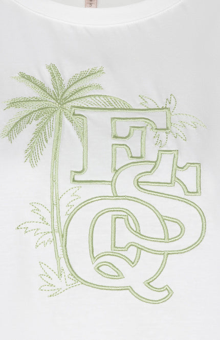 EsQualo T-shirt Palm Esq Embroidery Offwhite Green HS26.05202 Stretchshop.nl